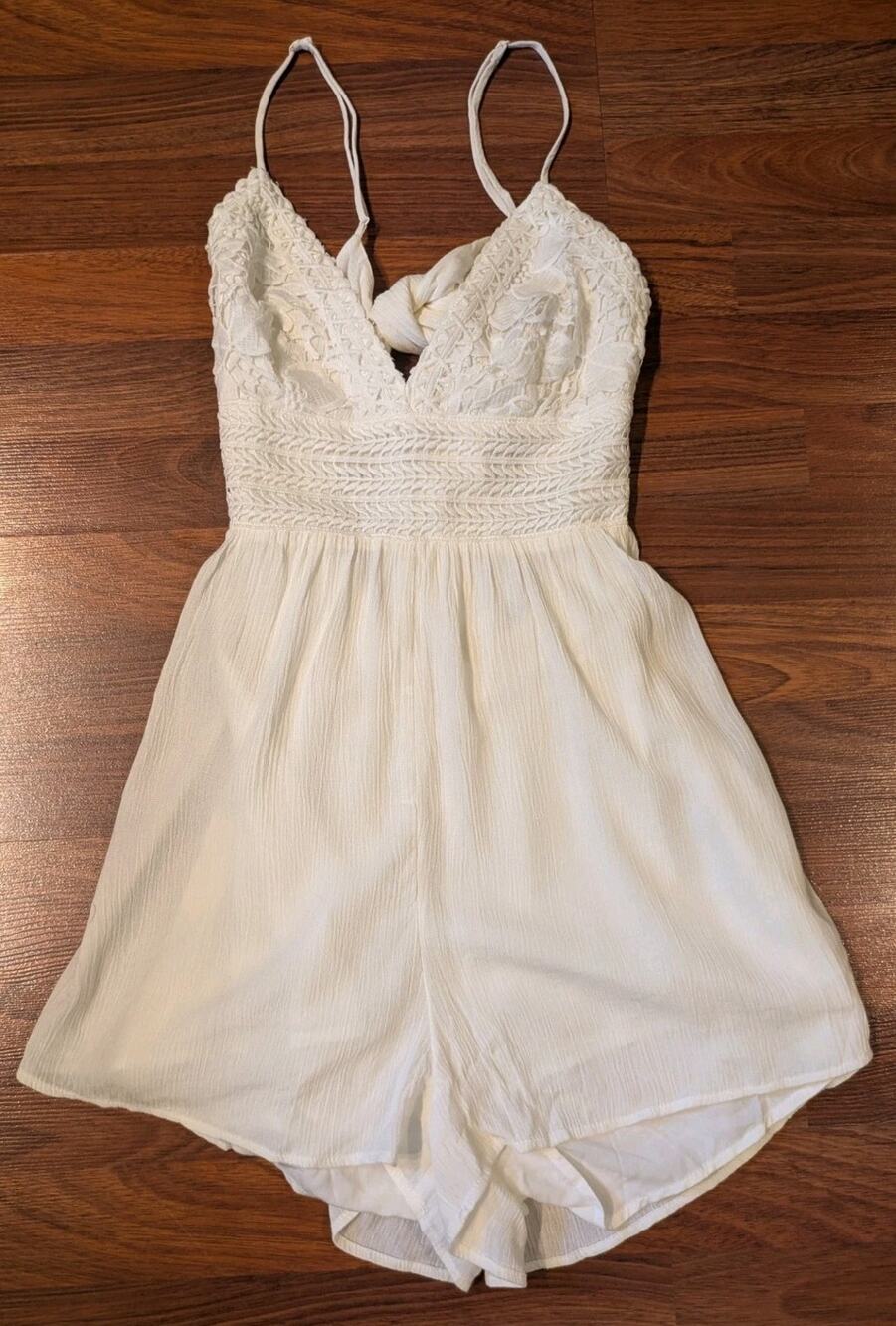 Y2K Garage Womens S White Lace Romper Babydoll Tie Back Boho Festival